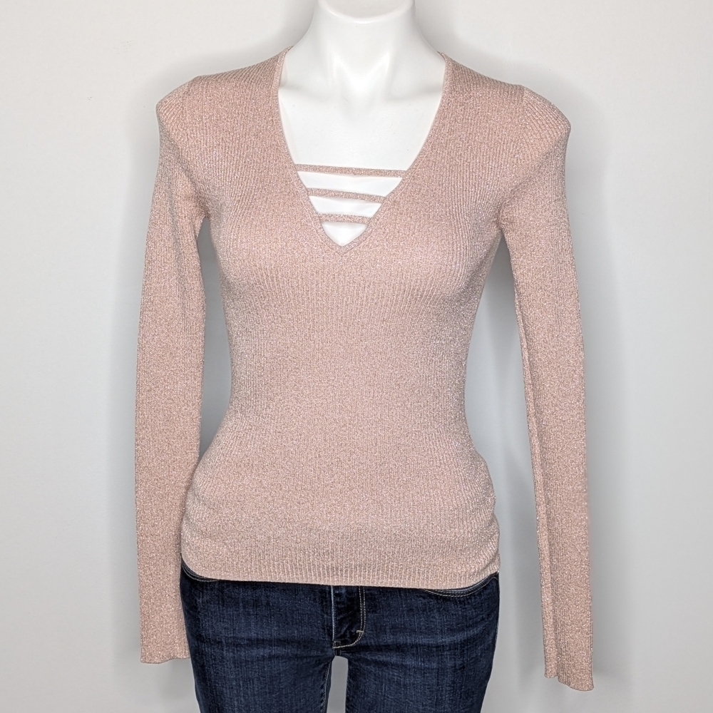 NWT Express Pink Shimmer Ribbed V Neck Long Sleeve Sweater S